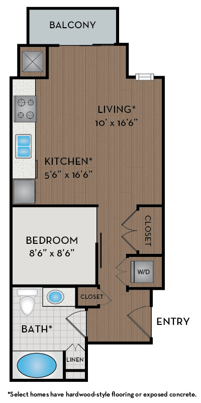 A floor plan of a home with a living room, kitchen, bedroom, bathroom and balcony.